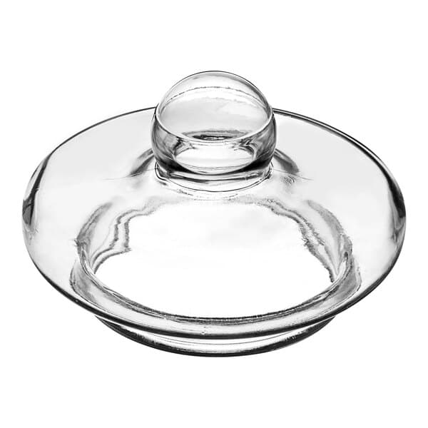 A clear glass bowl with a round lid.