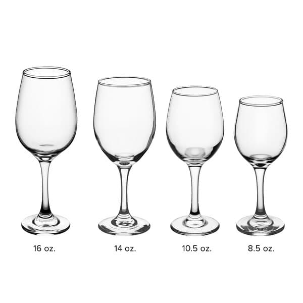 A row of four Acopa all-purpose wine glasses with different sizes.