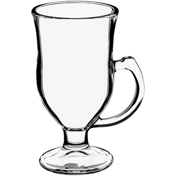 An Acopa Select glass coffee cup with a handle.