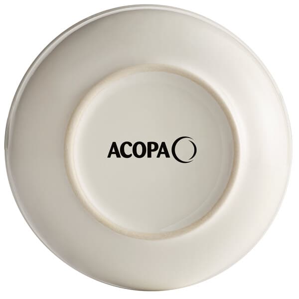 An Acopa ivory stoneware bowl with black text reading "Acopa" on the rim.