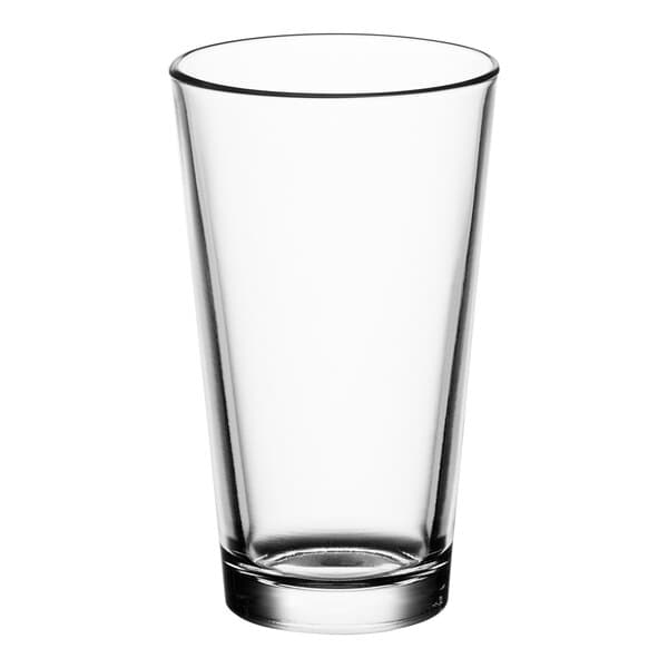 An Acopa Select clear mixing glass with a white background.