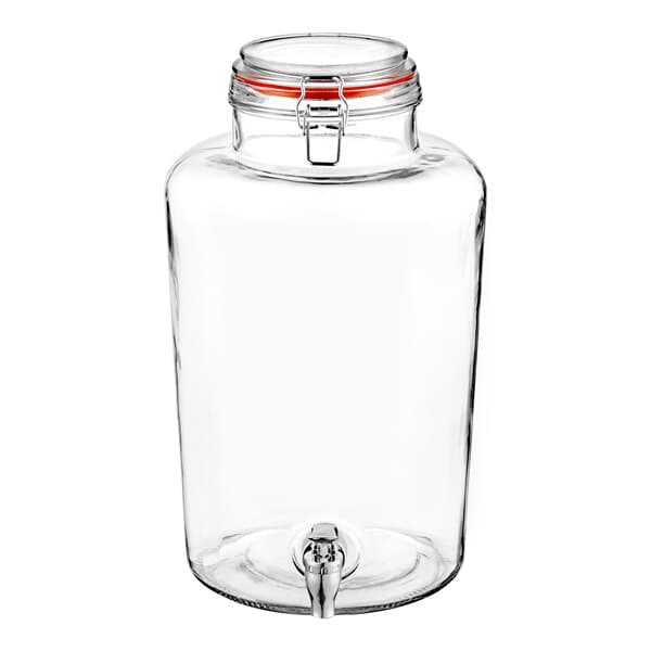 An Acopa clear glass beverage dispenser with a red lid and tap.