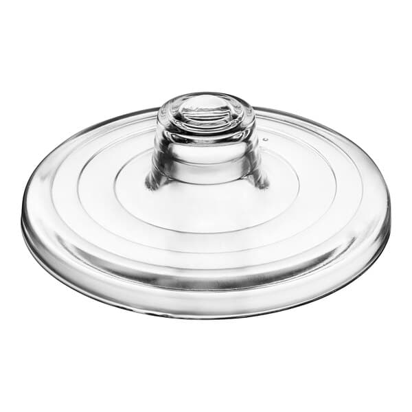 An Acopa clear glass lid with a round base.