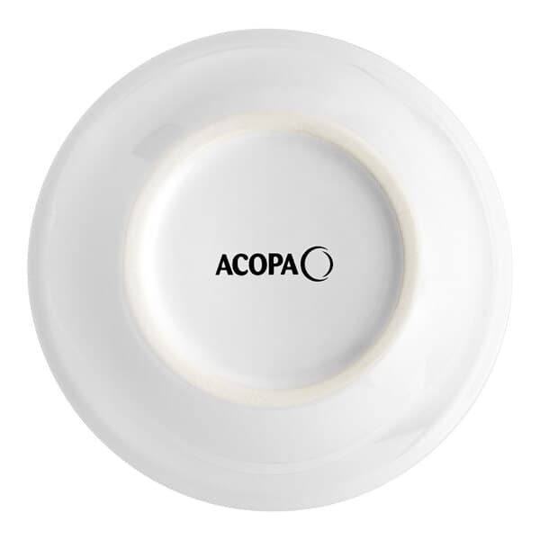 A white Acopa stoneware bowl with black text that says Acopa.