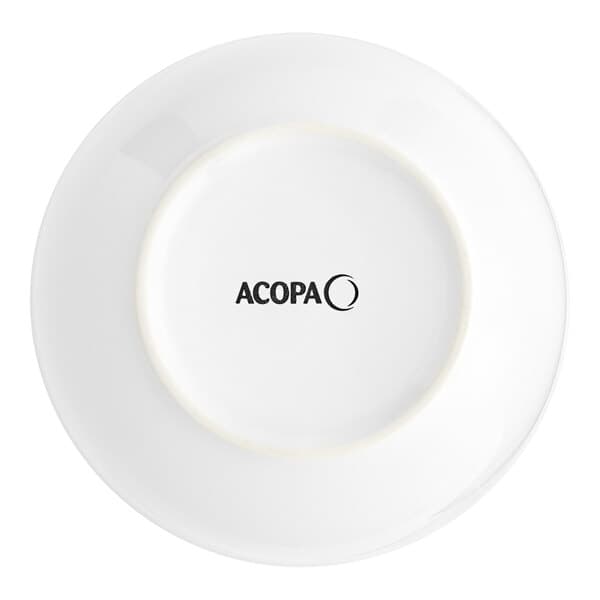 A white Acopa stoneware nappie bowl with black text on it.