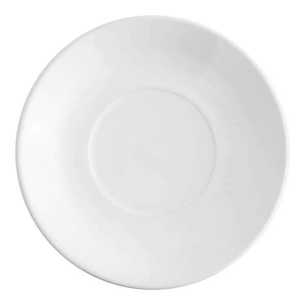 An Acopa bright white stoneware saucer with a small rolled edge.