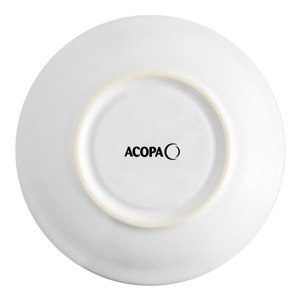 An Acopa bright white stoneware saucer with rolled edges and black text.