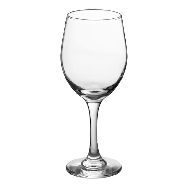 A clear, all-purpose wine glass with a stem and a rounded bowl.