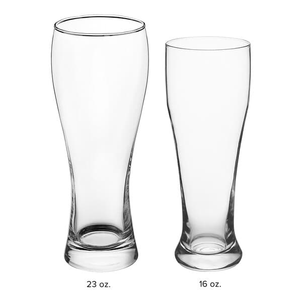 Two Acopa Pilsner glasses, one with a white rim.