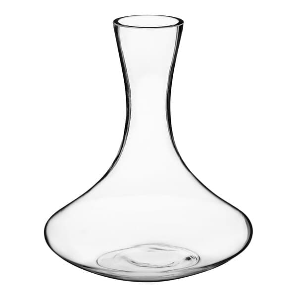 An Acopa clear glass wine decanter with a thin neck.