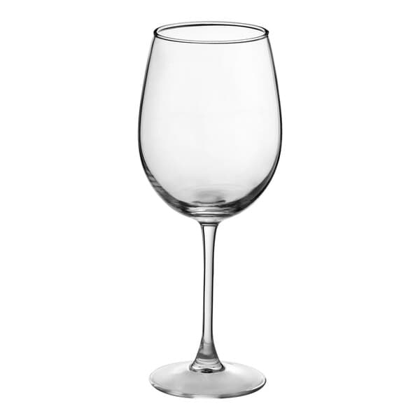 A clear, stemmed wine glass with a rounded bowl, designed to hold 12 ounces.
