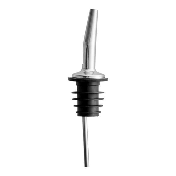 A stainless steel liquor pourer with a tapered spout and black rubber stopper.
