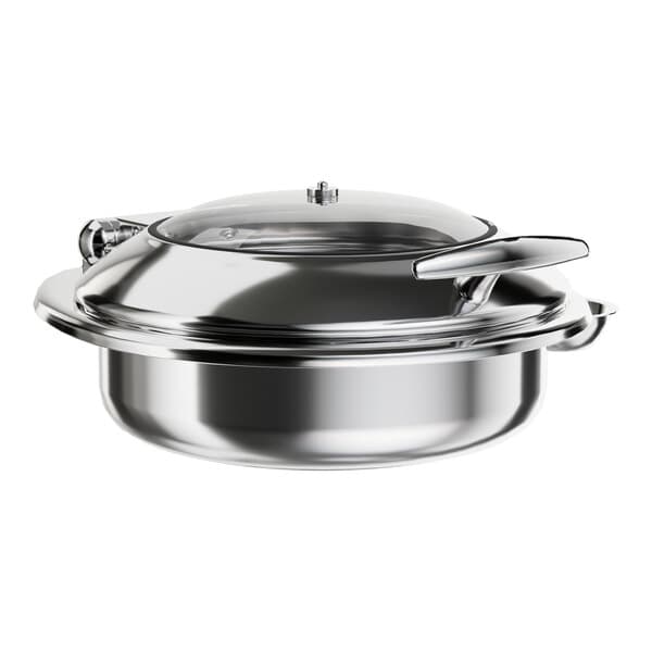 An Acopa stainless steel chafer with a glass lid and soft-close hinge.