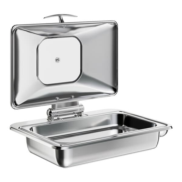 An Acopa stainless steel chafer with a glass lid on a counter.