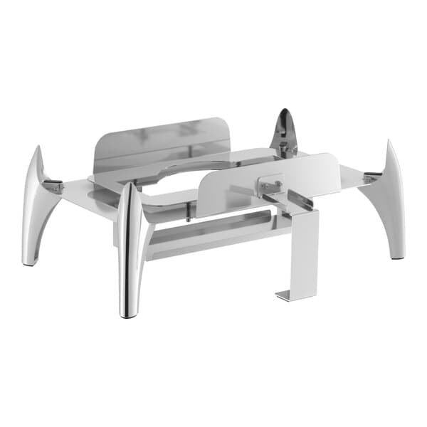 A silver metal Acopa Voyage full size chafer stand with legs.