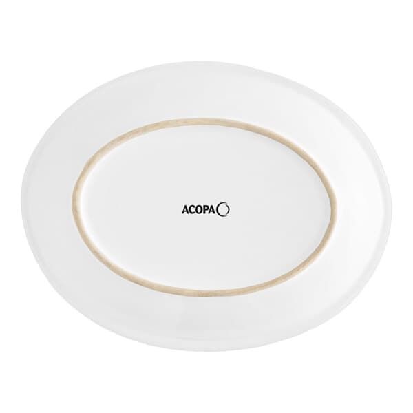 An Acopa bright white oval stoneware platter with a brown band and a gold rim.