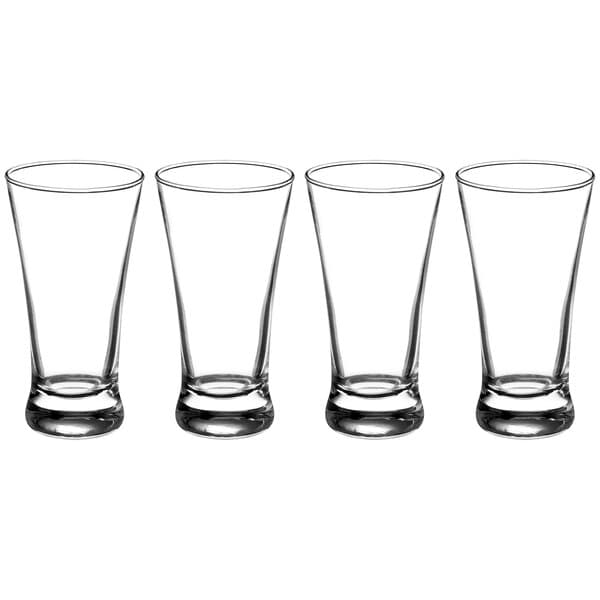 A row of four empty Acopa flared Pilsner beer tasting glasses.
