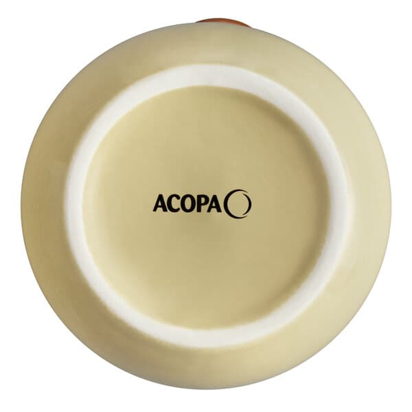 An ivory stoneware bowl with black text that says "Acopa"