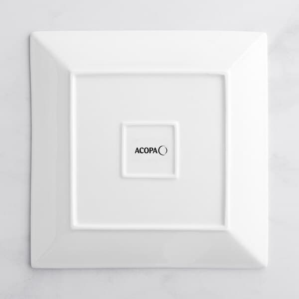 A white square Acopa porcelain plate with black text that says "Jacob."
