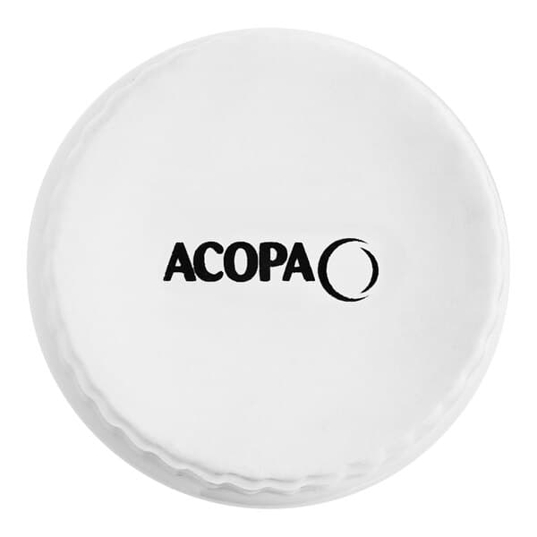 A white round Acopa fluted porcelain ramekin with black text.