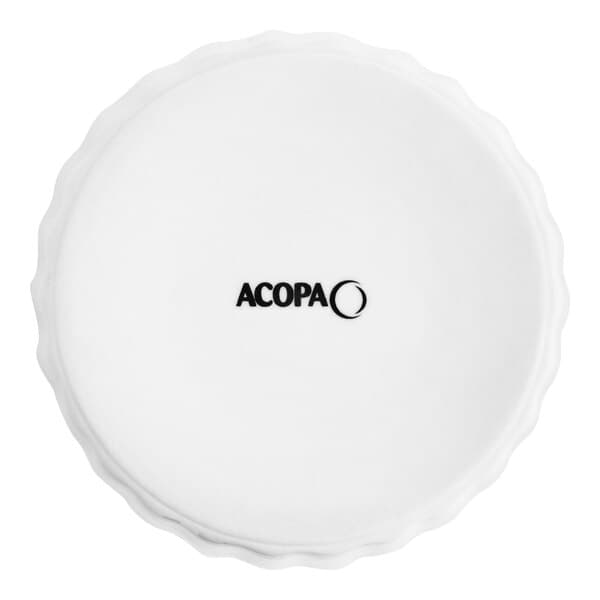 An Acopa bright white porcelain souffle dish with fluted edges and black text.