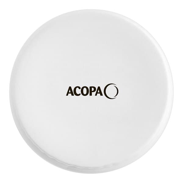 A white fluted porcelain ramekin with the word "Acopa" in black.