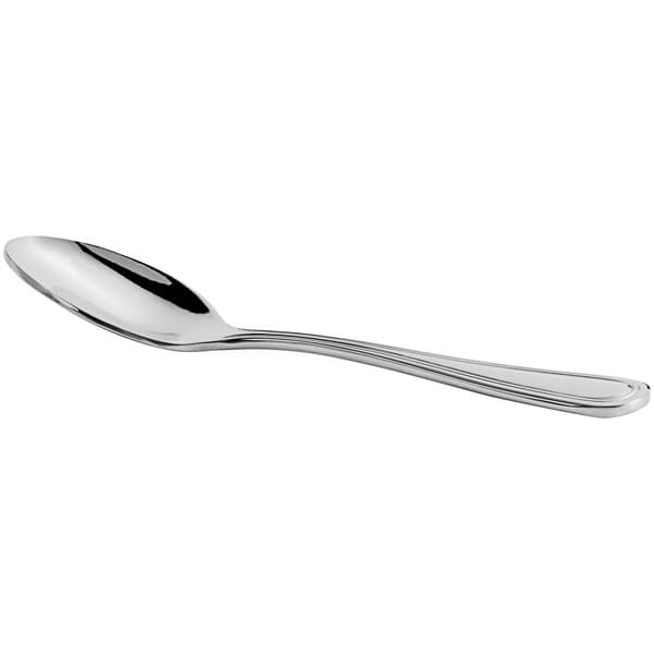An Acopa Edgeworth stainless steel demitasse spoon with a silver handle.