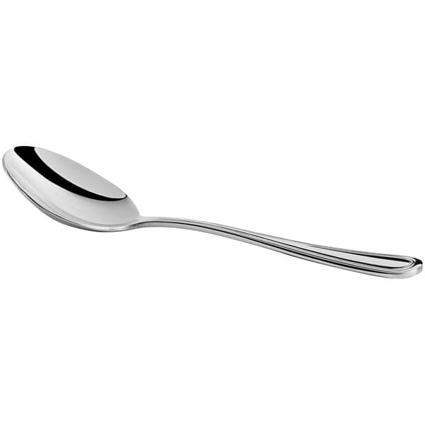 An Acopa Edgeworth stainless steel bouillon spoon with a silver handle and spoon.