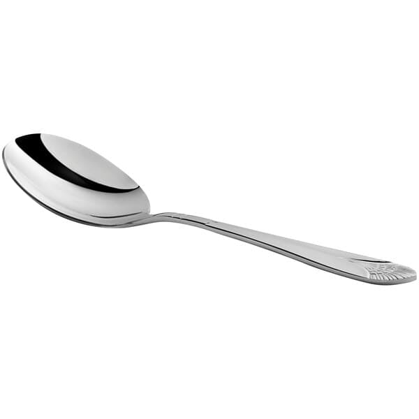 An Acopa stainless steel bouillon spoon with a black handle.