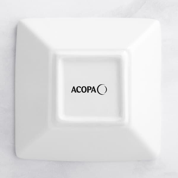 A white square Acopa porcelain bowl with black text.