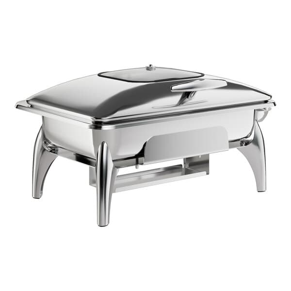 An Acopa stainless steel rectangular chafer with a glass lid on a stand.