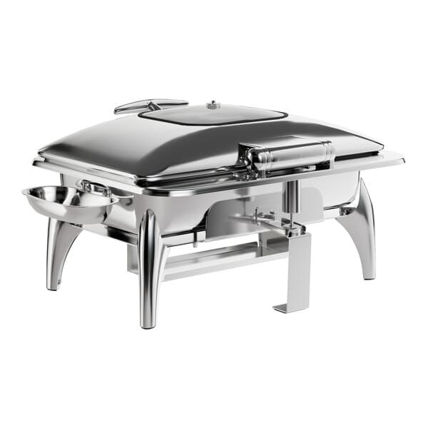 An Acopa stainless steel chafer on a table with a lid and stand.