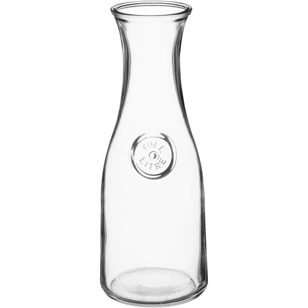 An Acopa clear glass carafe with a round neck.