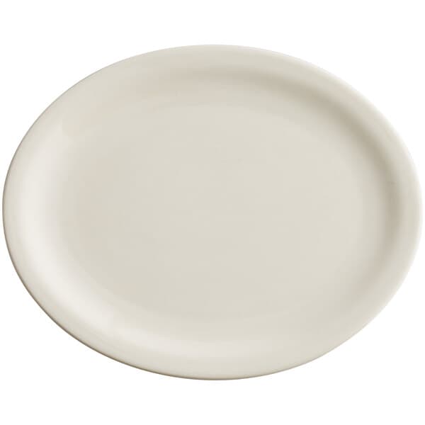 An Acopa ivory stoneware platter with a narrow white rim on a white background.