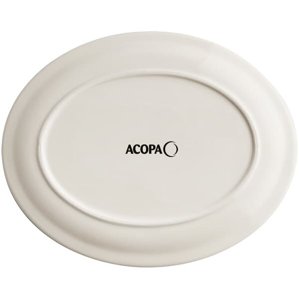 An Acopa ivory stoneware platter with black text that says "Acopa" on it.