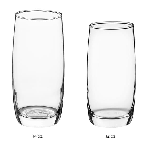 Two Acopa 12 oz. beverage glasses with black accents.