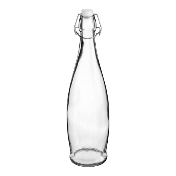 An Acopa clear glass bottle with a wire bail swing top lid.