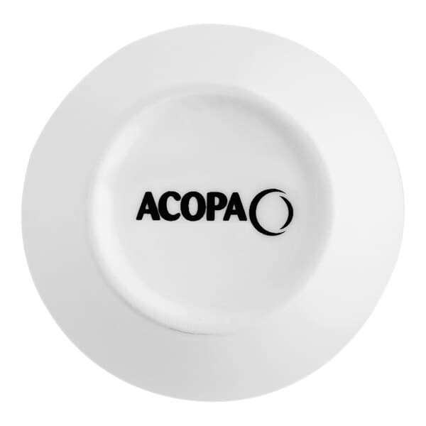 A white Acopa sauce cup with black text.