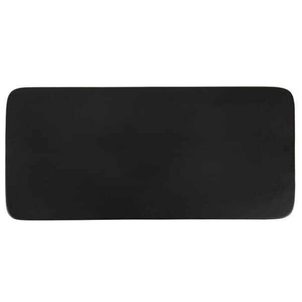 A black rectangular Acopa stoneware plate with a white border.