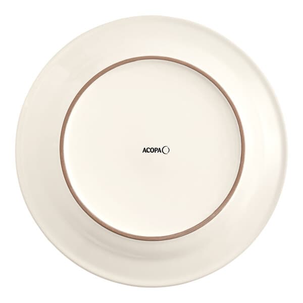 An Acopa ivory stoneware plate with a wide rim and rolled edge with a brown rim.