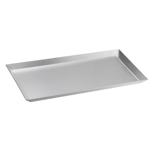 An Acopa stainless steel rectangular tray with an angled brim.