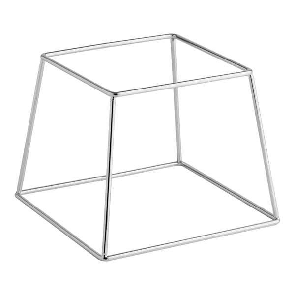 A square stainless steel metal display stand with an open frame design.