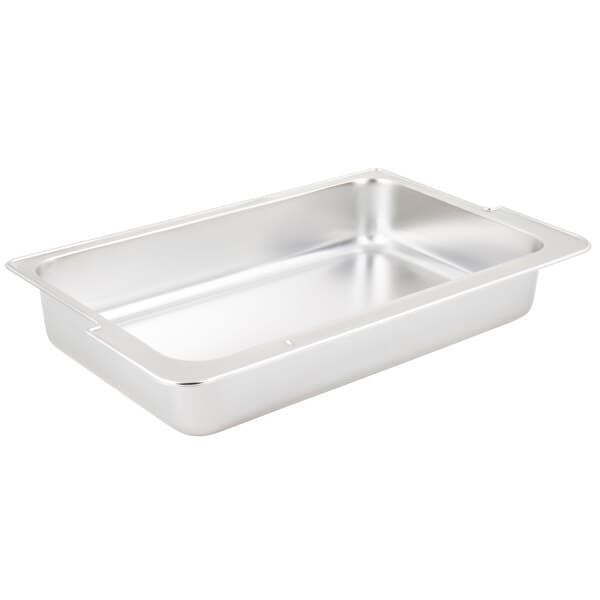 An Acopa stainless steel water pan on a silver tray with a handle.