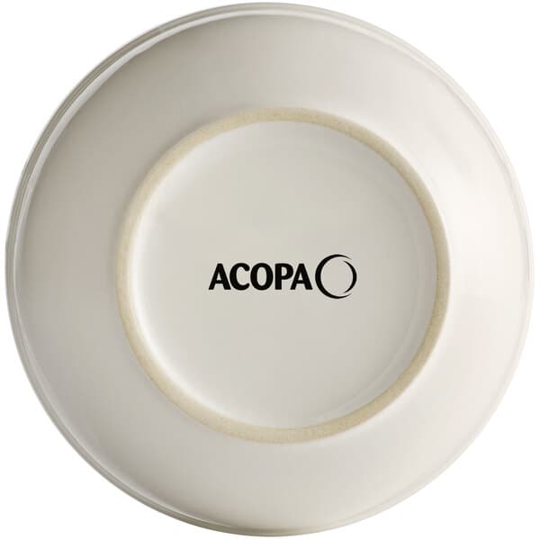 An Acopa ivory stoneware bowl with black text that reads "Acopa" on the surface.