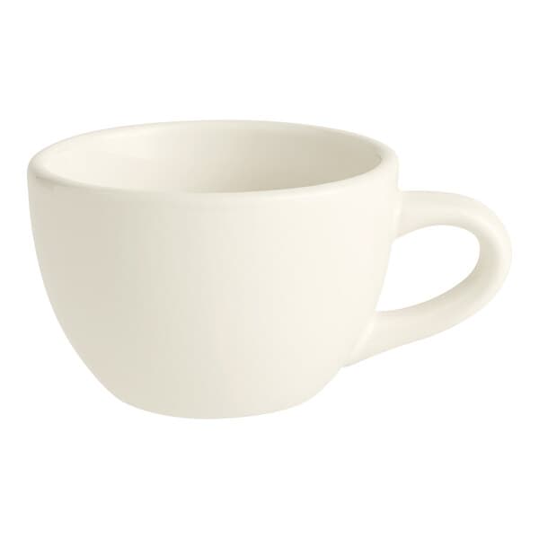 An Acopa ivory stoneware coffee cup with a rolled edge and handle.