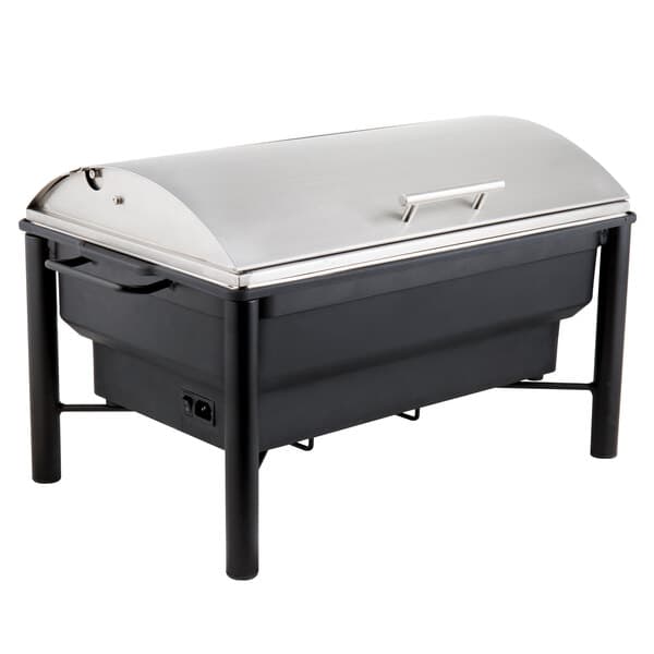 An Acopa black and silver rectangular electric chafer with a roll top lid.
