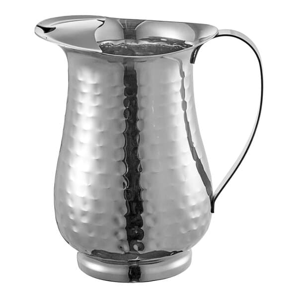 An Acopa stainless steel pitcher with a handle.