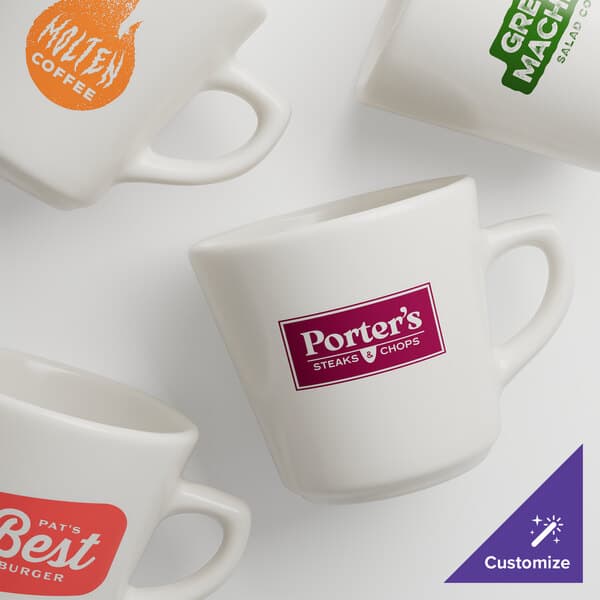 A group of Acopa ivory stoneware cups with different logos on them.