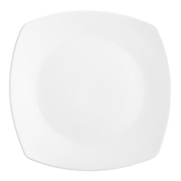 An Acopa bright white square porcelain coupe plate with a square shape and rounded edges.