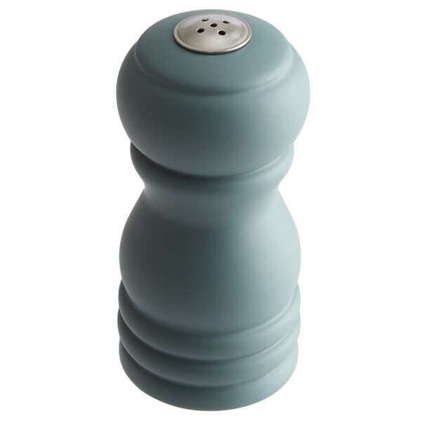A close-up of an Acopa steel blue wooden salt shaker with a silver top.